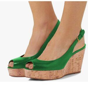 FSJ Green Peep Toe High Heel Wedge Sandals Slip on Cork Slingback Platform Pumps